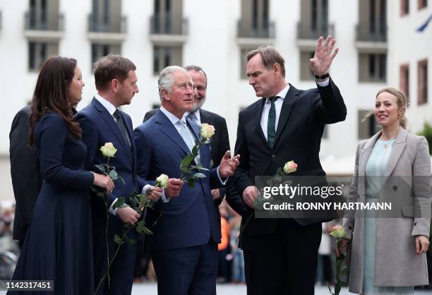 Britain's Prince Charles, Prince of Wales , Saxonys Prime Minister Michael Kretschmer and his partner Annett Hofmann , the Mayor of Leipzig Burkhard...