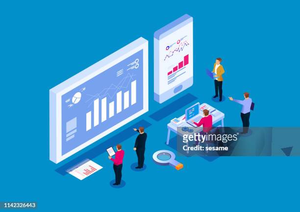ilustraciones, imágenes clip art, dibujos animados e iconos de stock de análisis de equipos de informes de negocio, análisis de datos visuales - analizzare