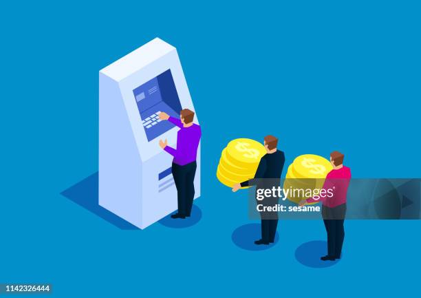 savings, businessman holding gold coins standing in front of atm machine waiting - vending machine stock illustrations