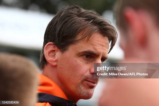 Jason Saddington, coach of the Giants talks to his players during the round four NAB League match between Northern Knights v Greater Western Sydney...