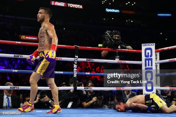 Vasiliy Lomachenko knocks out Anthony Crolla during their WBA/WBO lightweight title bout at Staples Center on April 12, 2019 in Los Angeles,...