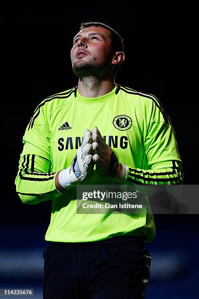 Ross Turnbull of Chelsea looks skyward as he prays during the penalty shoot-out after the Barclays Premier Reserve League Play-Off Final between...