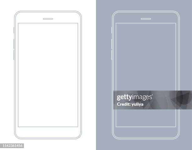 smartphone, mobile phone in gray and white wireframe - iphone horizontal stock illustrations