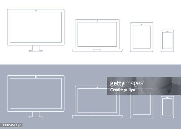stockillustraties, clipart, cartoons en iconen met technologie apparaten, computer monitor, tv, laptop, tablet, smartphone icon set - beeldscherm