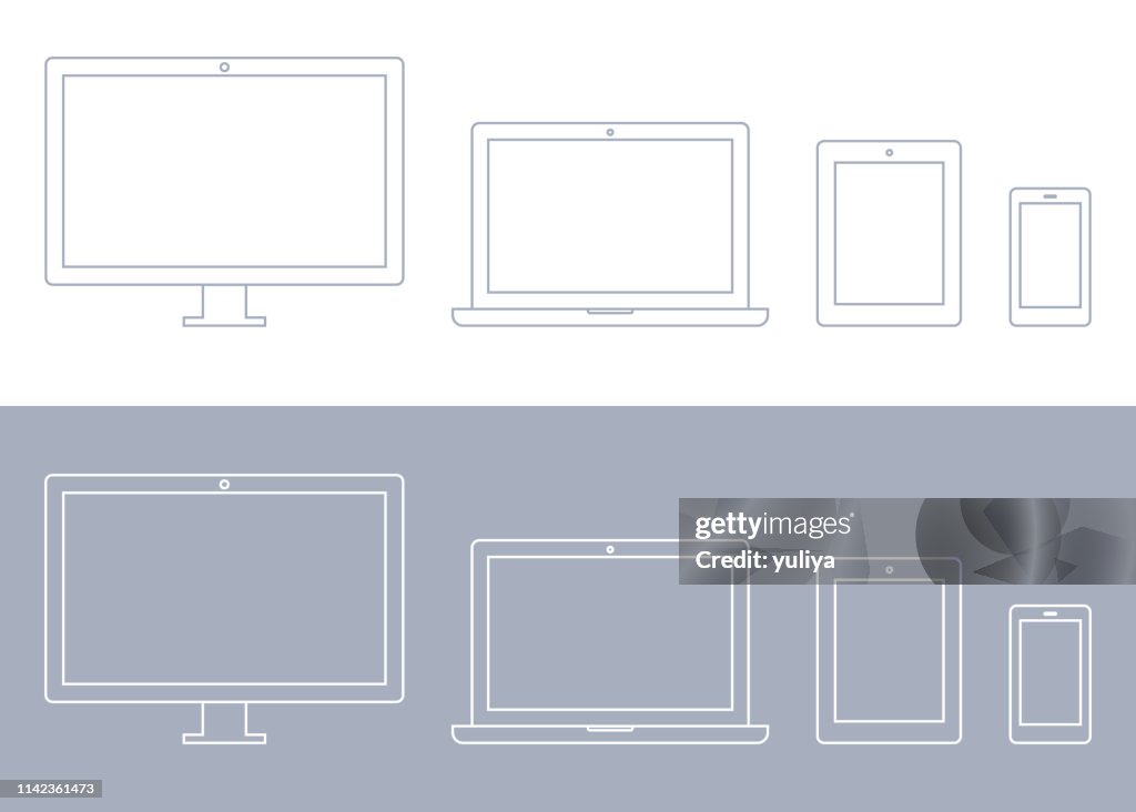 Dispositivos da tecnologia, monitor do computador, tevê, portátil, tabuleta, jogo do ícone de smartphone