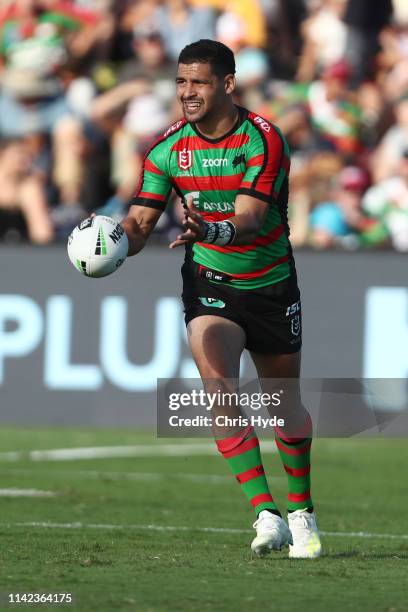 Cody Walker of the Rabbitohs passes during the round five NRL match between the South Sydney Rabbitohs and the New Zealand Warriors at Sunshine Coast...