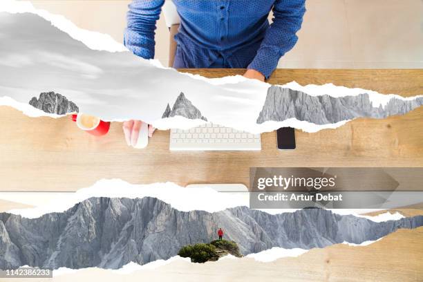 thinking about hiking vacations and nature freedom at work using torn paper visual effect. - man tears stock pictures, royalty-free photos & images