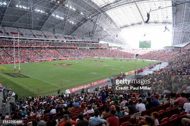 Fans watch action on day one of the HSBC Rugby Sevens Singapore at the National Stadium on April 13, 2019 in Singapore