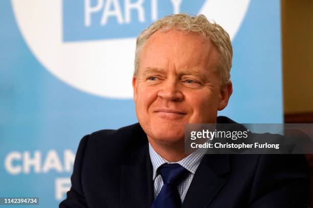 Brexit Party's Mike Greene takes part in a press conference after he is announced as the party's Peterborough constituency by-election candidate on...
