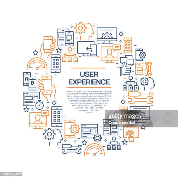 user experience related - colorful line icons, arranged in circle - programming team stock illustrations