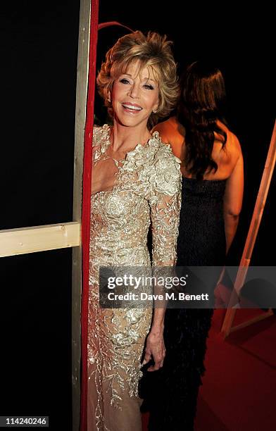Actress Jane Fonda pose backstage at the Fashion For Relief Japan Fundraiser benefiting the Japanese Red Cross in aid of those affected by the...