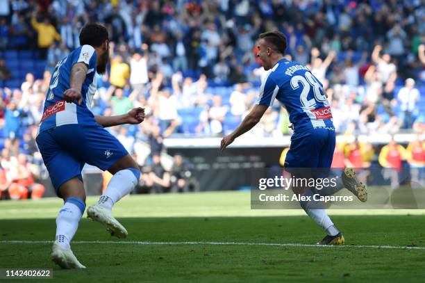 Adria Pedrosa of RCD Espanyol celebrates after scoring his team's first goal during the La Liga match between RCD Espanyol and Deportivo Alaves at...