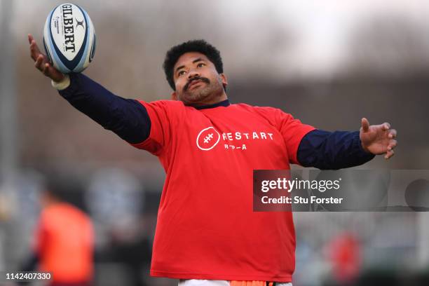 Tigers player Tatafu Polota-Nau in action during the warm up in his 'Restart T-Shirt' during the Gallagher Premiership Rugby match between Newcastle...