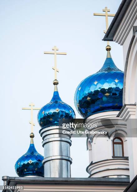 Shchuchye, Russia Blue Towers of a Russian Orthodox church with stars. On April 24, 2019 in Shchuchye, Russia.