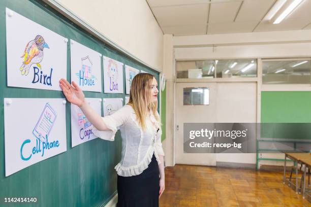 young teacher teaching english language in classroom - english language stock pictures, royalty-free photos & images