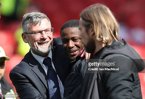 Heart of Midlothian manager Craig Levein celebrates at full time during the William Hill Scottish Cup semi final between Hearts of Midlothian and...