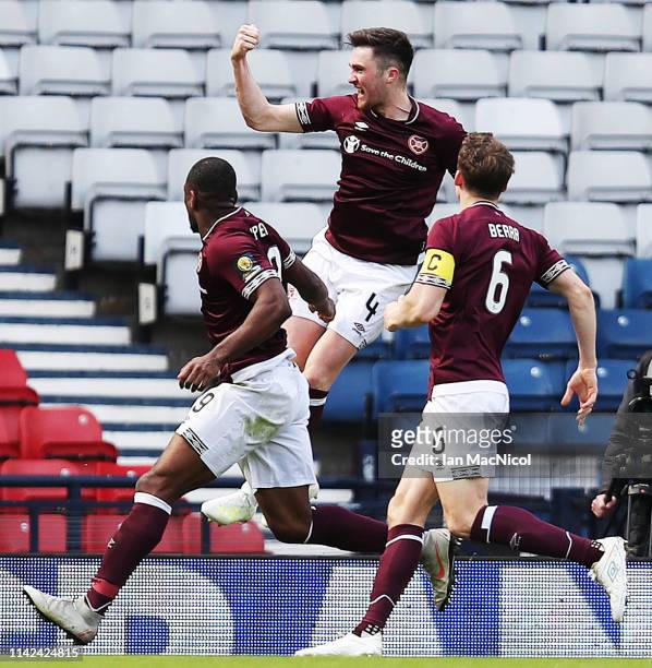 John Souttar of Heart of Midlothian celebrates scoring his side's second goal during the William Hill Scottish Cup semi final between Hearts of...
