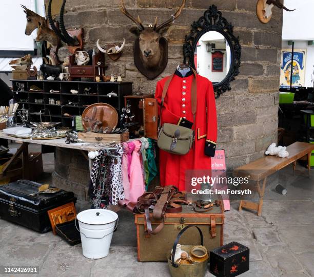 Vintage market stall is set out ready for trading as enthusiasts of Goth culture attend Whitby Gothic Weekend on April 13, 2019 in Whitby, England....