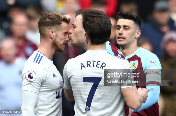 Ashley Barnes of Burnley kisses Joe Bennett of Cardiff City as they clash during the Premier League match between Burnley FC and Cardiff City at Turf...