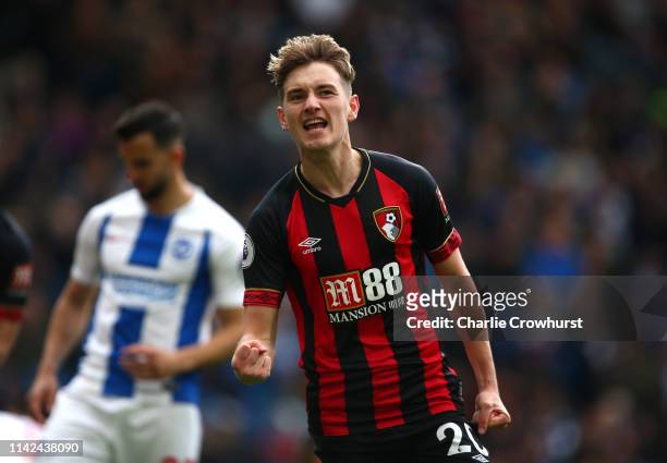 David Brooks of AFC Bournemouth celebrates after scoring his team's third goal during the Premier League match between Brighton & Hove Albion and AFC...