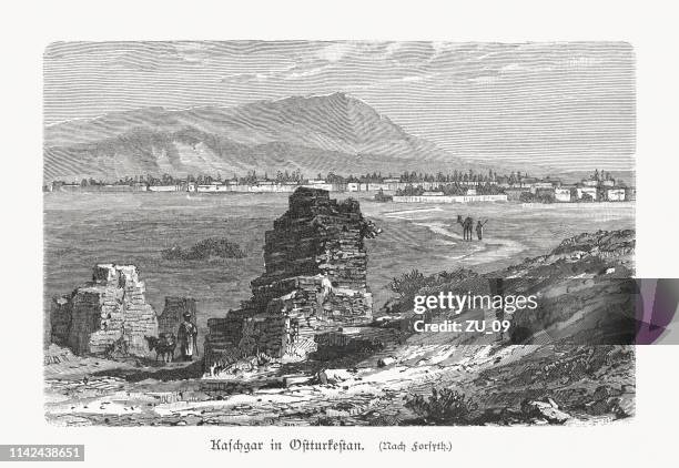 stockillustraties, clipart, cartoons en iconen met historische mening van kashgar, xinjiang, china, houtgravure, gepubliceerd 1897 - kashgar