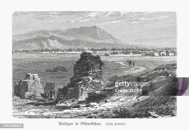 historic view of kashgar, xinjiang, china, wood engraving, published 1897 - silk road china stock illustrations