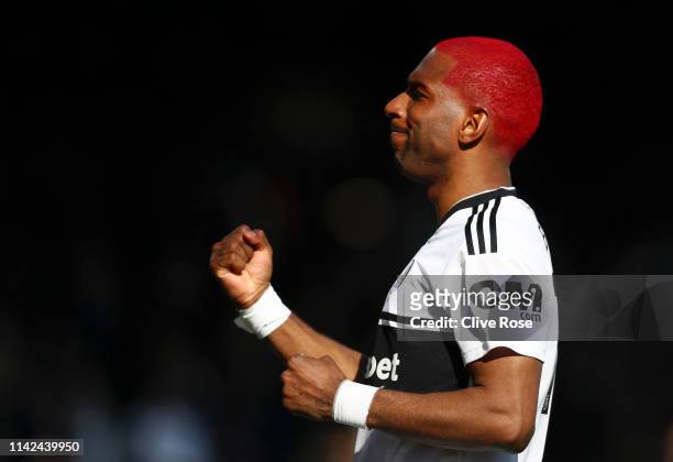 Ryan Babel of Fulham celebrates after scoring his team's second goal during the Premier League match between Fulham FC and Everton FC at Craven...
