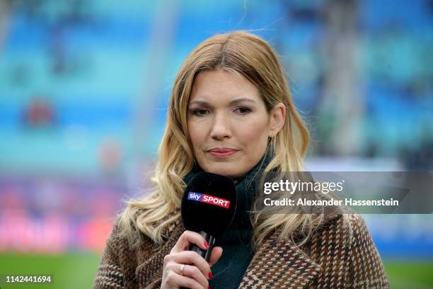 Presenter Jessica Libbertz prior to the Bundesliga match between RB Leipzig and VfL Wolfsburg at Red Bull Arena on April 13, 2019 in Leipzig, Germany.