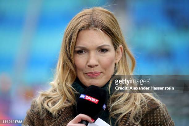 Presenter Jessica Libbertz prior to the Bundesliga match between RB Leipzig and VfL Wolfsburg at Red Bull Arena on April 13, 2019 in Leipzig, Germany.
