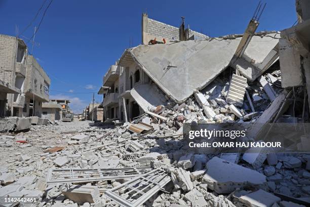 Picture taken on May 9, 2019 shows rubble and debris following reported shelling in the town of Khan Sheikhun in the southern countryside of the...