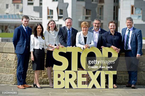 Scotland's First Minister and Scottish National Party leader Nicola Sturgeon poses with the SNP's six candidates as she launches the party's European...