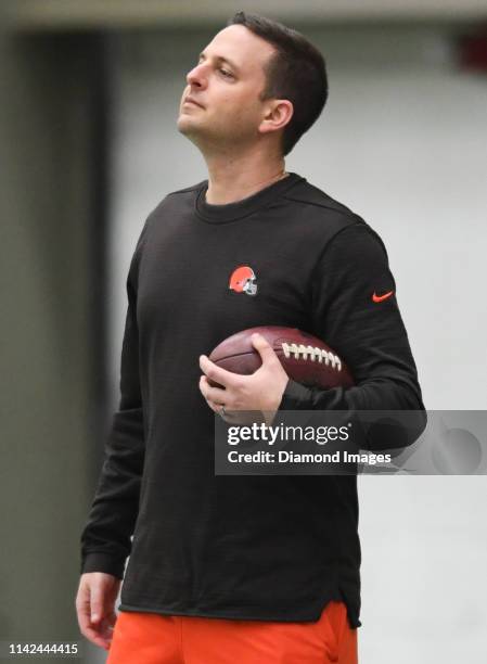 Assistant general manager Eliot Wolf of the Cleveland Browns watches practice during a rookie mini camp on May 4, 2019 at the Cleveland Browns...