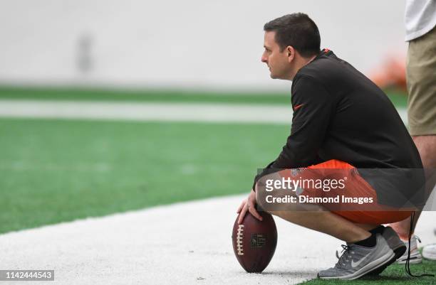 Assistant general manager Eliot Wolf of the Cleveland Browns watches practice during a rookie mini camp on May 4, 2019 at the Cleveland Browns...