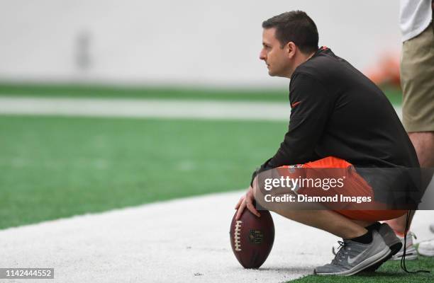 Assistant general manager Eliot Wolf of the Cleveland Browns watches practice during a rookie mini camp on May 4, 2019 at the Cleveland Browns...