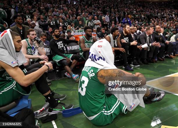 Boston Celtics guard Kyrie Irving , Boston Celtics forward Jayson Tatum , Boston Celtics forward Gordon Hayward and Boston Celtics forward Marcus...