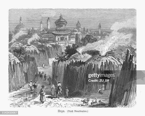 historische ansicht von ulaanbaatar (ulan bator), mongolei, holzschnitt, erschienen 1897 - innere mongolei stock-grafiken, -clipart, -cartoons und -symbole