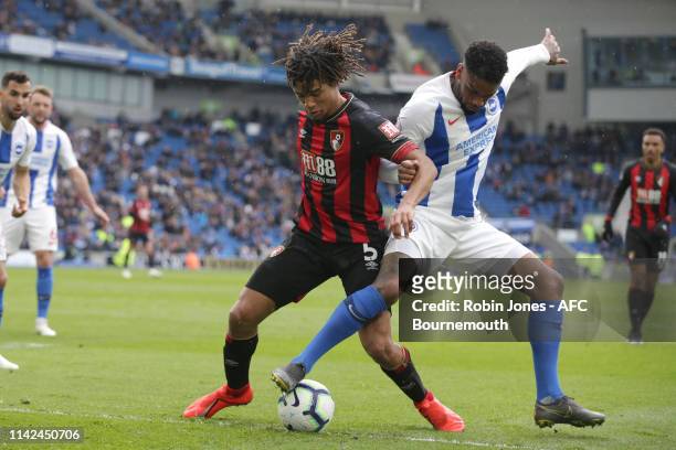 Nathan Ake of Bournemouth and Jurgen Locadia of Brighton & Hove Albion during the Premier League match between Brighton & Hove Albion and AFC...