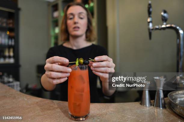 Bar manager Anna Walsh preparing a non alcolic drink Bloody Mary, inside The Virgin Mary bar, the first alcohol-free bar to open in Dublin, that will...