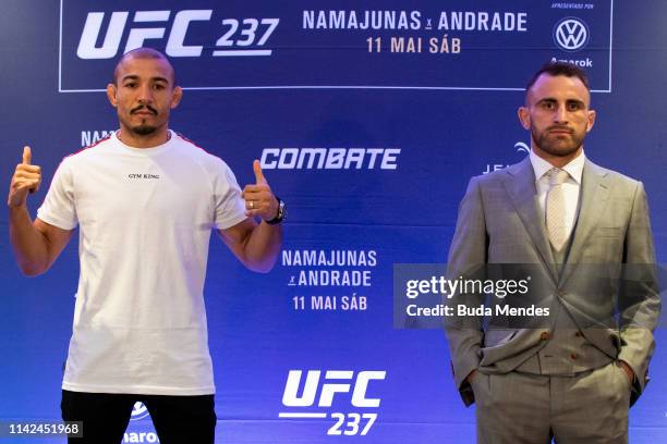 Featherweight fighters Jose Aldo of Brazil and Alexander Volkanovski of Australia pose for photographers during Ultimate Media Day on May 09, 2019 in...