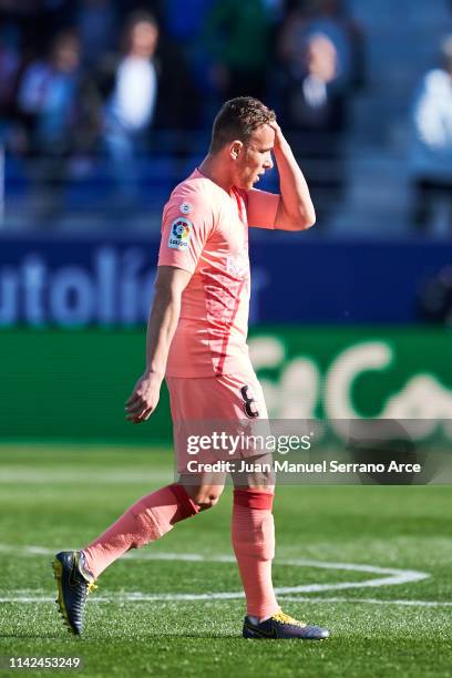 Arthur Melo of FC Barcelona reacts during the La Liga match between SD Huesca and FC Barcelona at Estadio El Alcoraz on April 13, 2019 in Huesca,...