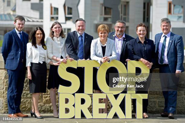 Scotland's First Minister and Scottish National Party leader Nicola Sturgeon poses with the SNP's six candidates as she launches the party's European...