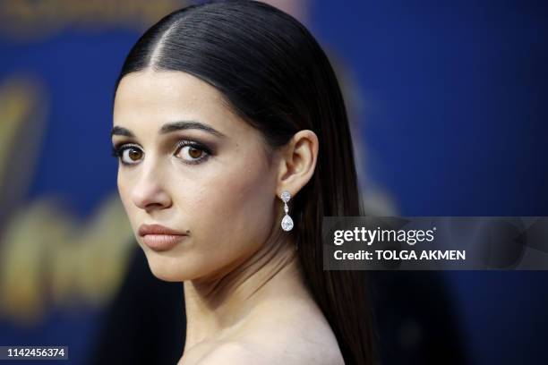 British actress Naomi Scott poses on arrival for the European Gala of Aladdin in central London on May 9, 2019.