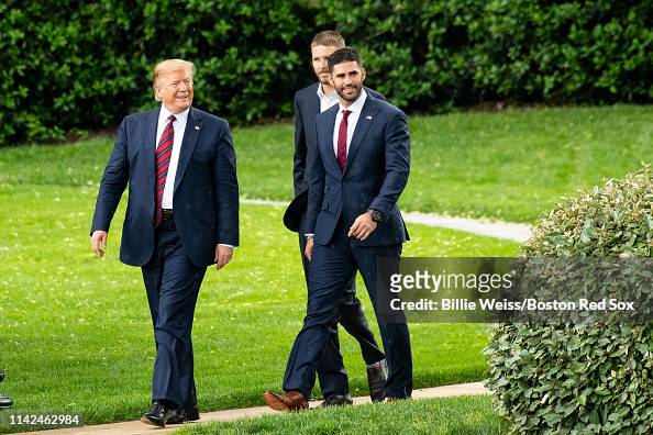 U.S. President Donald Trump walks with J.D. Martinez and Chris Sale News  Photo - Getty Images