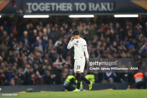 Dejected Goncalo Paciencia of Eintracht Frankfurt after missing his penalty during the UEFA Europa League Semi Final Second Leg match between Chelsea...