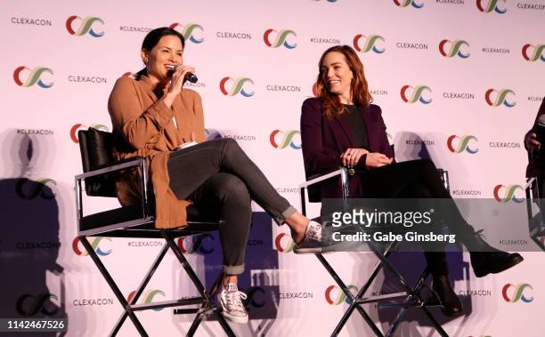Katrina Law and Caity Lotz speak during the "Nyssara" panel at ClexaCon 2019 convention at the Tropicana Las Vegas on April 13, 2019 in Las Vegas,...