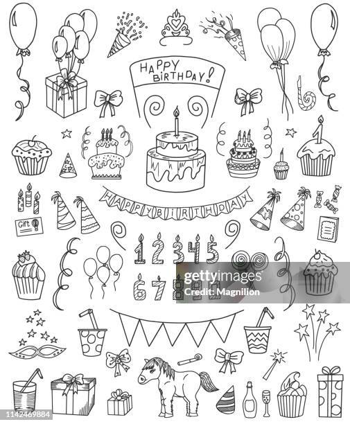 birthday doodle set - birthday cake drawings stock illustrations