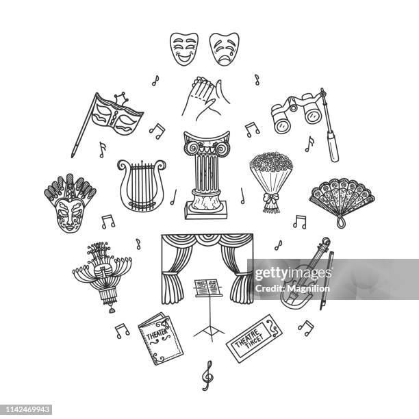 theater doodle set - kronleuchter stock-grafiken, -clipart, -cartoons und -symbole