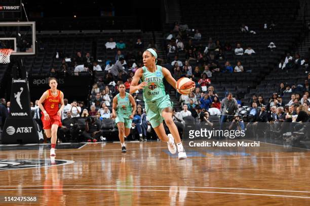 Asia Durr of the New York Liberty handles the ball against the China National Team on May 9, 2019 at the Barclays Center in Brooklyn, New York. NOTE...