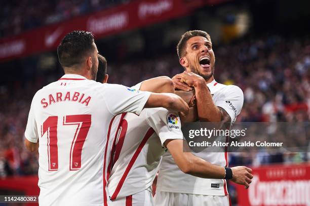 Munir El Haddadi of Sevilla FC celebrates after scoring with Daniel Carrico of Sevilla FC during the La Liga match between Sevilla FC and Real Betis...