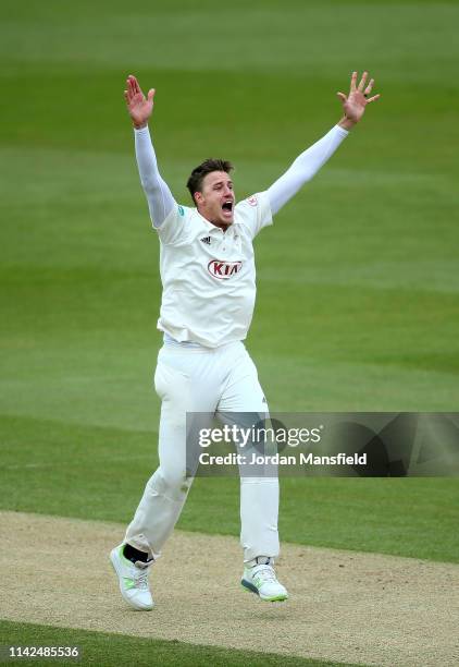 Morne Morkel of Surrey appeals unsuccessfully during day three of the Specsavers County Championship Division 1 match between Surrey and Essex at The...